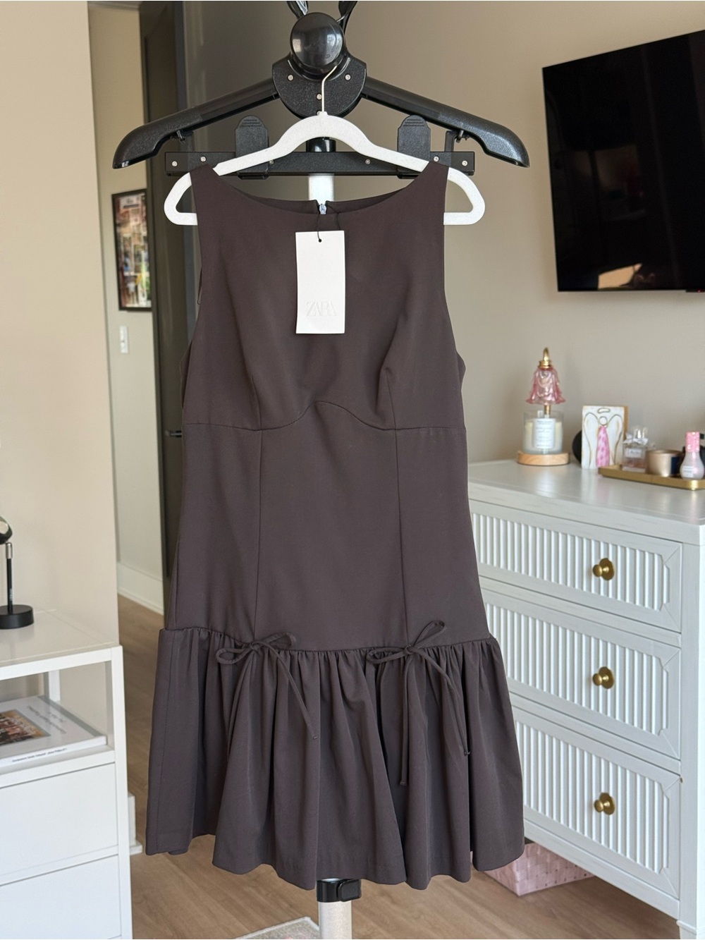 Zara Brown Short Dress With Bows – XS NWT